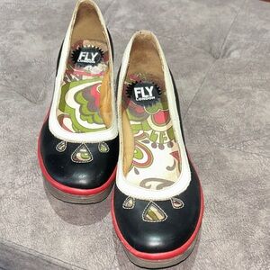 Fly London Black and Red Heels with White Trim size 38